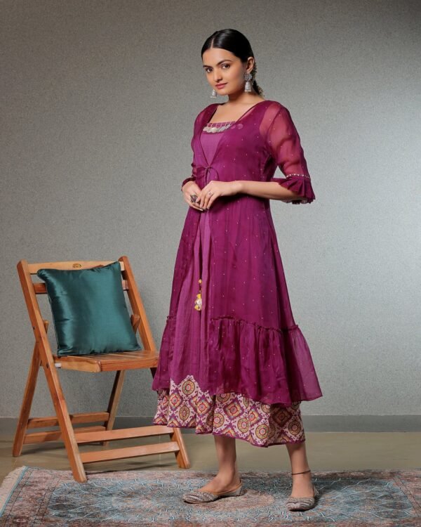 Taskeen Magenta Flared Dress With Organza Shrug