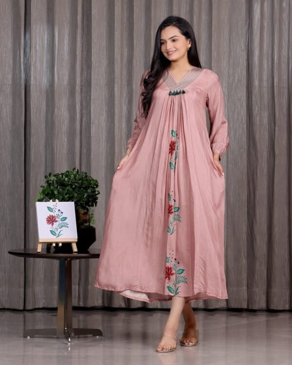 Kusum - Salmon Pink V Neck Flared Dress