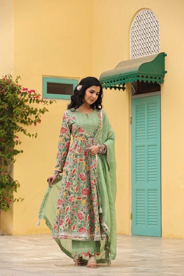 Iris Mint  Anarkali Floral Printed Gathered Suit Set With Palazzo And Dupatta