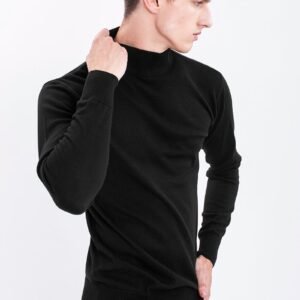 Black Solid Rib-Knit Turtle Neck Sweater