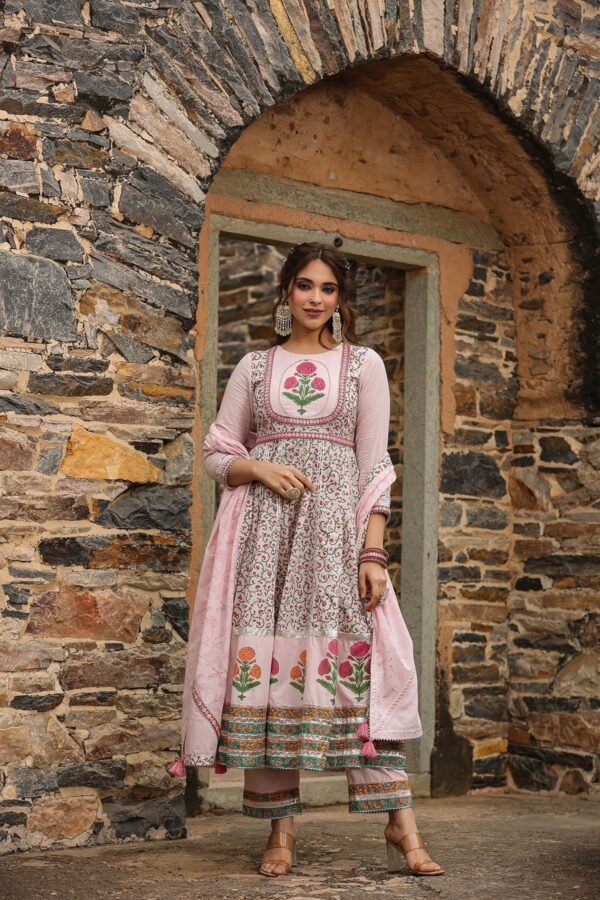 Sarah Pink Block Printed Floral Anarkali Suit With Pant And Dupatta