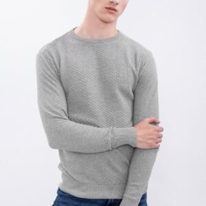 Light Grey Solid Rib-Knit Crew Neck Sweater