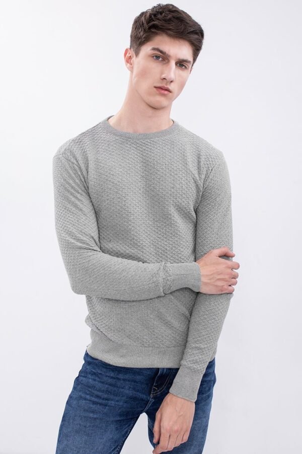 Light Grey Solid Rib-Knit Crew Neck Sweater