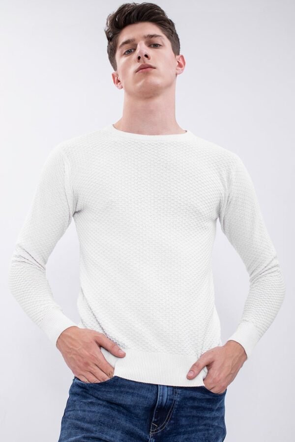 White Solid Rib-Knit Crew Neck Sweater
