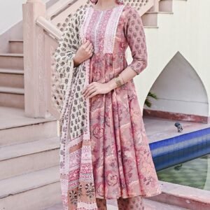 Dahlia Printed Light Orange Embroidered Flared Kurta With Pant & Dupatta
