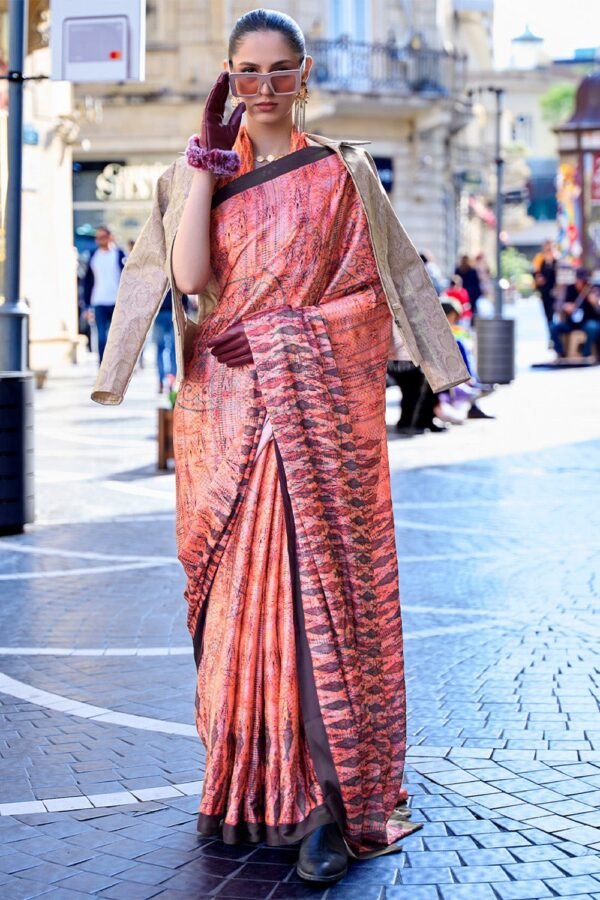 Orange Silk Digital Printed Saree With Blouse Piece