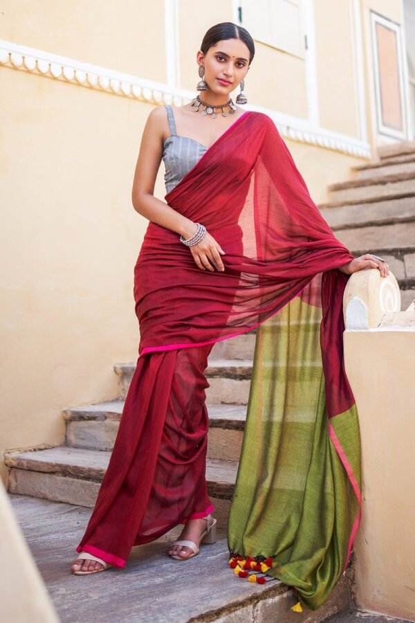 Berry Red Mulmul Cotton Saree