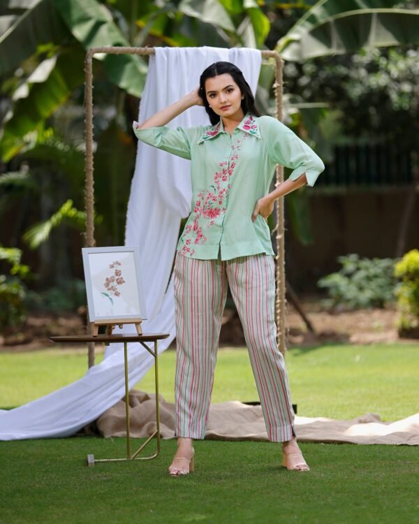 Mint Green Co-Ord Set In Bougainvillea Print And Embroidered Collar