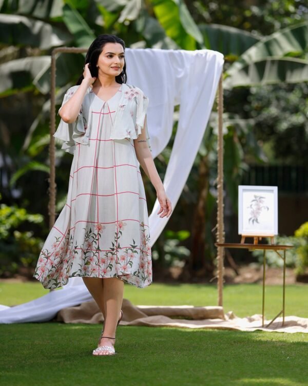 Dove White Dress With Cherry Blossom Print And Embroidered Shrug Attached