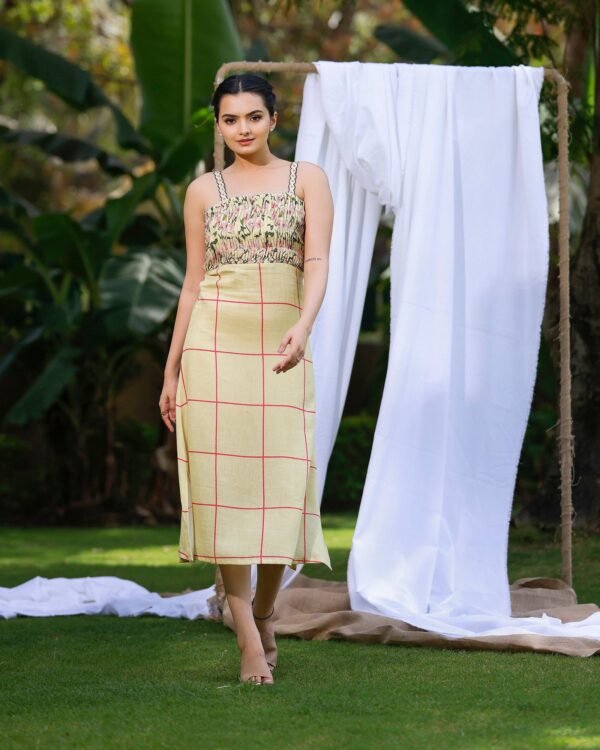 Lemon Yellow Spagetti Dress With Cherry Blossom Print