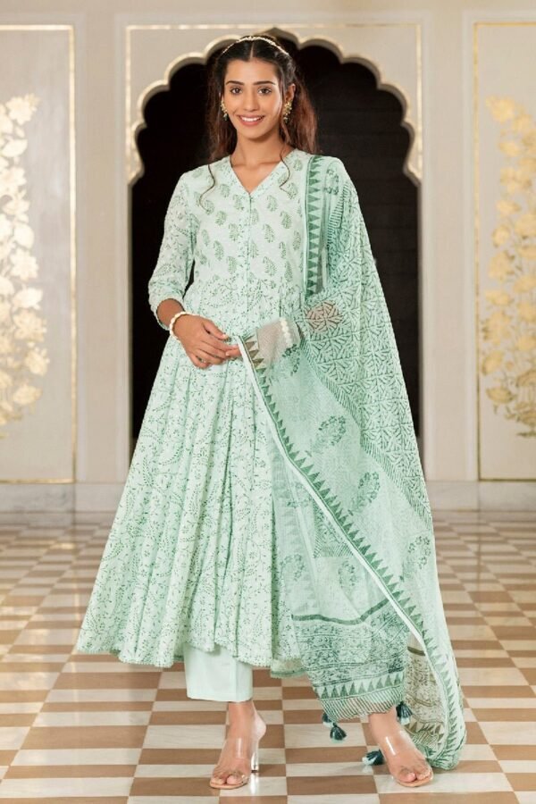 Meraki Light Green Handblock Printed Flared Kurta With Pant & Dupatta
