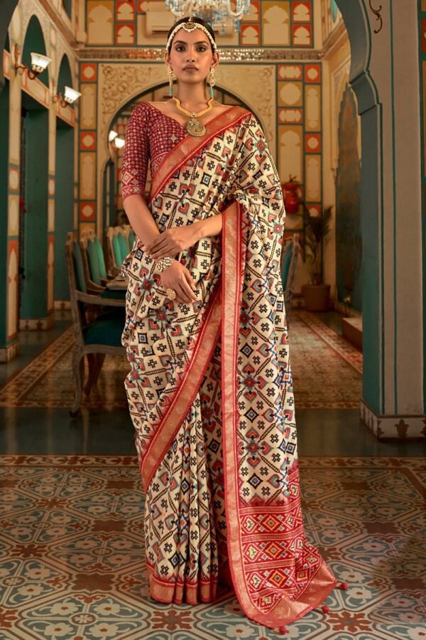 Beige And Orange Patola Saree