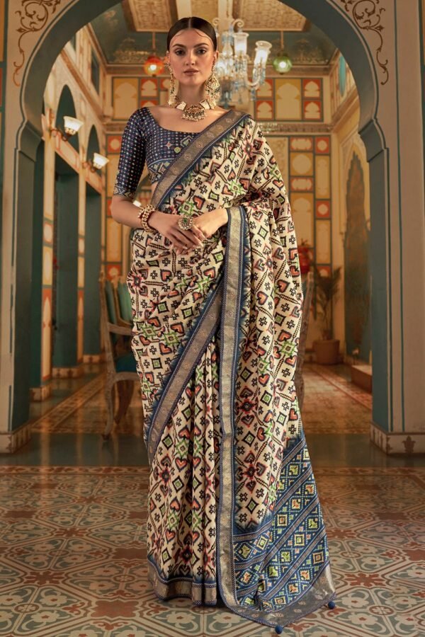 Beige And Blue Patola Saree