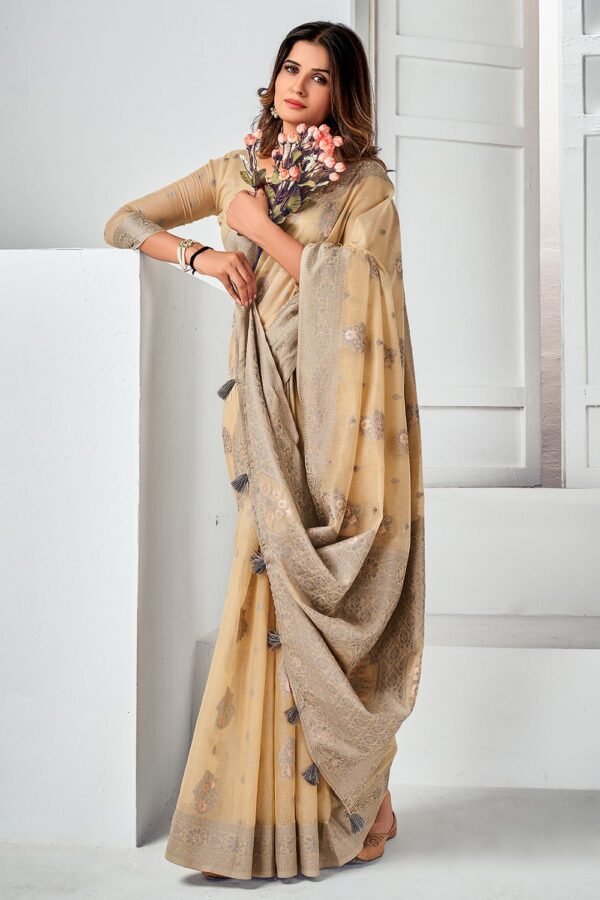 Beige And Grey Cotton Saree