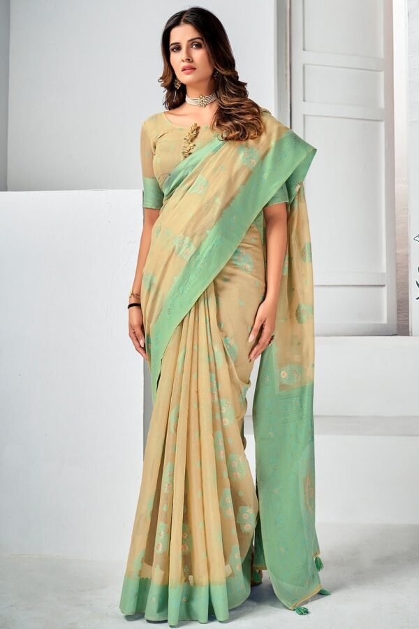 Beige And Green Cotton Saree