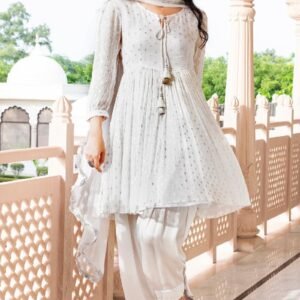 Zargul White Lurex Flared Kurta With Salwar & Dupatta