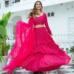 Pink Lurex Tiered Lehenga Set