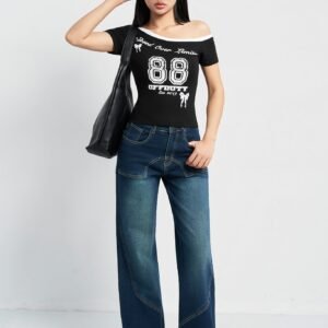 Blue Seam Detail Wide Leg Jeans