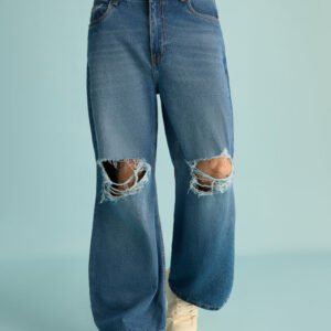 Mid Blue Distressed Men's Wide Jeans