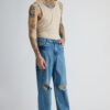 Mid Blue Ripped Men's Straight Jeans