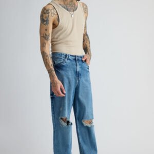 Mid Blue Ripped Men's Straight Jeans