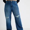 Curve Carbon Blue Knee Distressed Wide Jeans