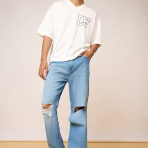 Blue Knee Distressed Men's Wide Leg Jeans