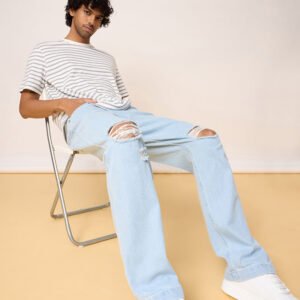 Light Blue Knee Rips Men?s Straight Jeans