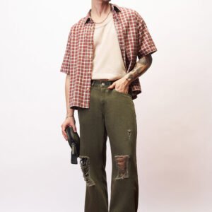 Dark Olive Distressed Men's Straight Jeans