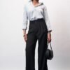 Jet Black Pleated Women's Straight Korean Pants