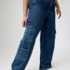 Curve Dark Blue Baggy Straight Cargo Jeans