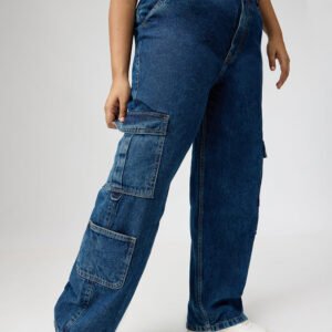 Curve Dark Blue Baggy Straight Cargo Jeans