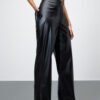 Black Slit-Hem Women's Straight Leather Pants