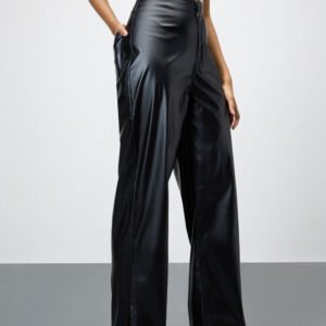 Black Slit-Hem Women's Straight Leather Pants