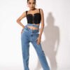 Blue Double Belt Straight High Waist Jeans