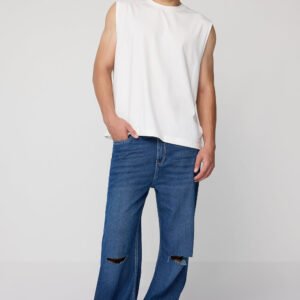 Vintage Blue Slit Knee Men's Baggy Straight Jeans