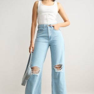 Light Blue High Waisted Distressed Women's Wide Jeans