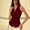 Polo Collar Shirt With Snatch Tie Waist