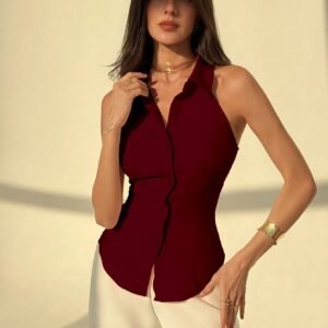 Polo Collar Shirt With Snatch Tie Waist