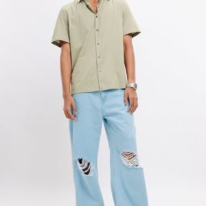 Blue Light Distressed Men's Wide Jeans