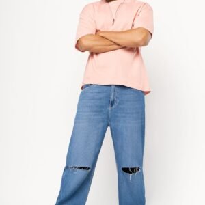 Blue Knee Slit Men's Baggy Straight Jeans