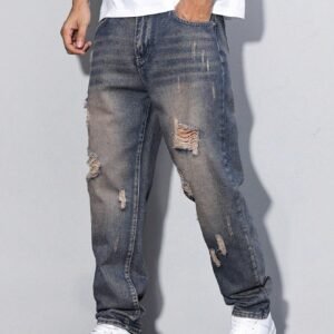 Damage Blue Straight Fit Jeans