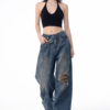 Off Beat Distressed Blue Baggy Jeans