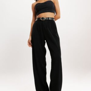 Black Double Pleated Women's Straight Korean Pants