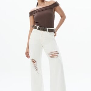 Ivory White Distressed Wide Jeans