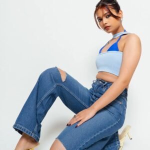 Blue Knee Slit Women's Wide Jeans