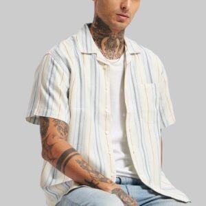 Blue Striped Textured Cuban Collar Shirt