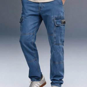 Blue Cargo Jeans For Men - Mid Rise Relaxed Fit