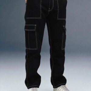 Black 6-Pocket Cargo Jeans for Men - Mid Rise Regular Fit