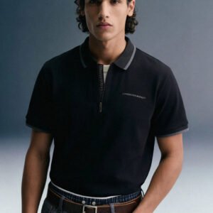 Black Zipper Placket Polo T-Shirt